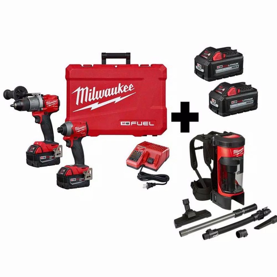 Power Tool Combo Kits * | Power Tool Combo Kits Milwaukee M18 Fuel 18-Volt Lithium-Ion Brushless Cordless Hammer Drill/Backpack Vacuum/Impact Driver With 4-Batteries