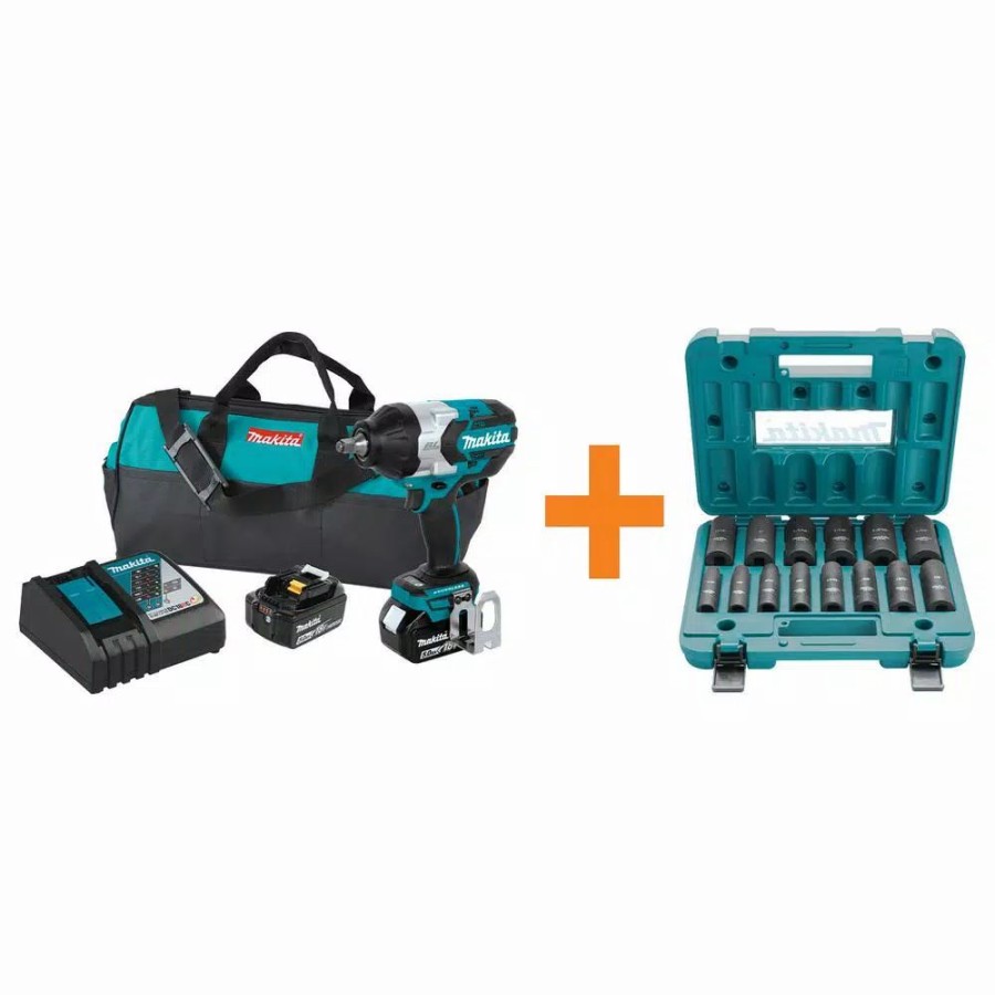 Impact Wrenches * | Impact Wrenches Makita 18V Lxt Brushless High Torque 1/2 In. Sq. Drive Impact Wrench Kit With Bonus 14 Pc. 1/2 In. Drive Deep Well Socket Set