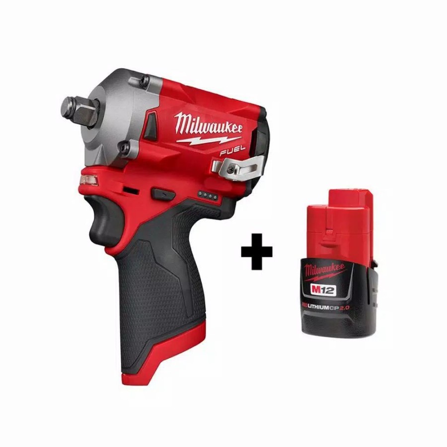 Impact Wrenches * | Impact Wrenches Milwaukee M12 Fuel 12-Volt Lithium-Ion Brushless Cordless Stubby 1/2 In. Impact Wrench With M12 2.0Ah Battery