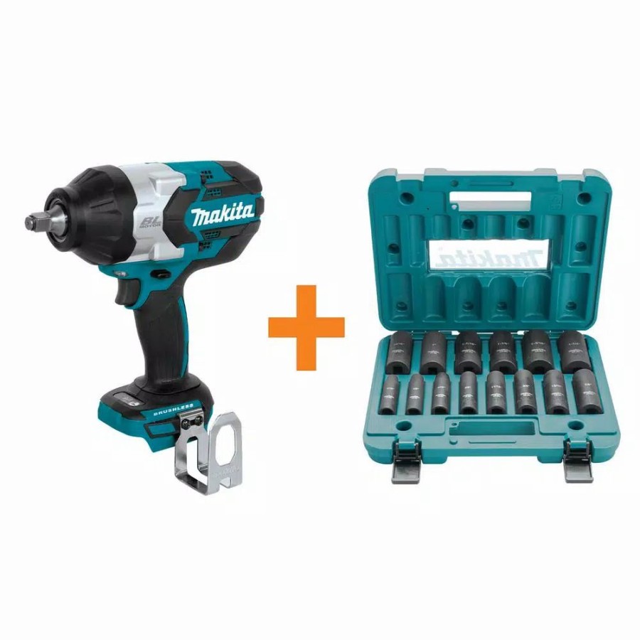 Impact Wrenches * | Impact Wrenches Makita 18-Volt Lxt Brushless High Torque 1/2 In. Square Drive Impact Wrench With 14-Piece 1/2 In. Deep Well Impact Socket Set