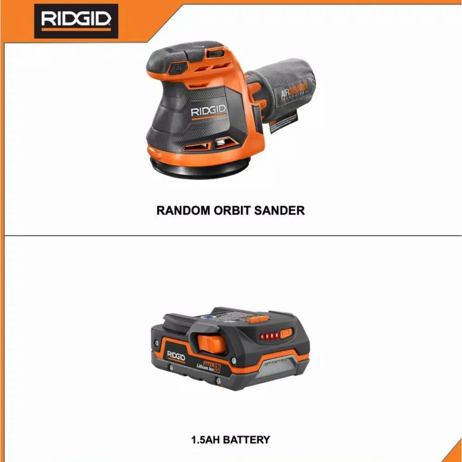 Power Tool Combo Kits * | Power Tool Combo Kits Ridgid 18-Volt Cordless 5 In. Random Orbit Sander With 1.5 Ah Lithium-Ion Battery