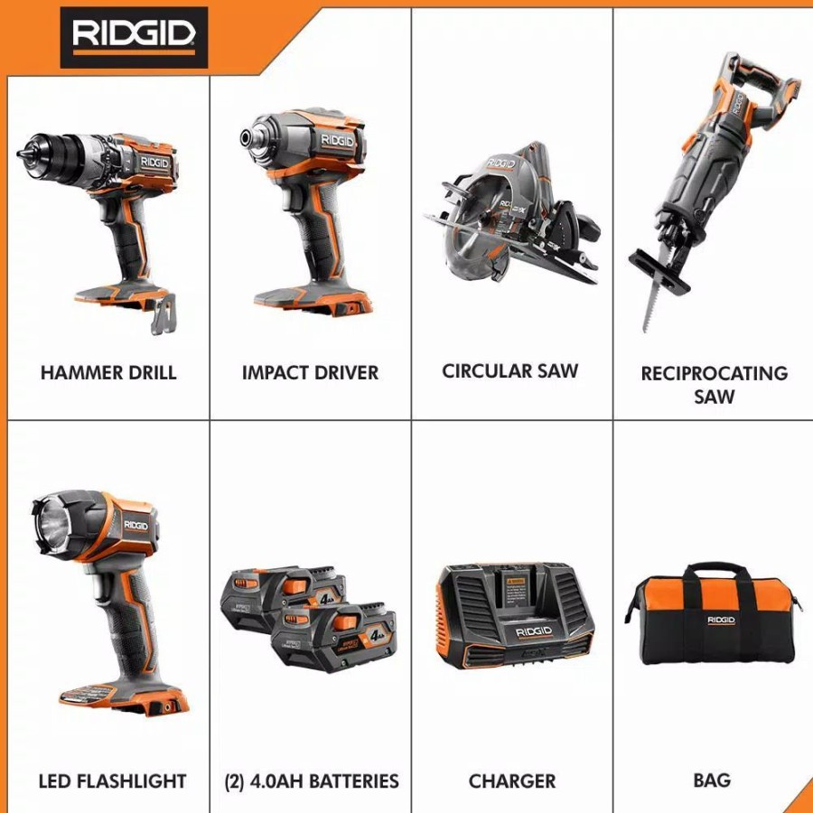 Power Tool Combo Kits * | Power Tool Combo Kits Ridgid 18-Volt Lithium-Ion Cordless 5-Tool Combo Kit With (2) 4.0 Ah Batteries, 18-Volt Charger, And Contractor'S Bag