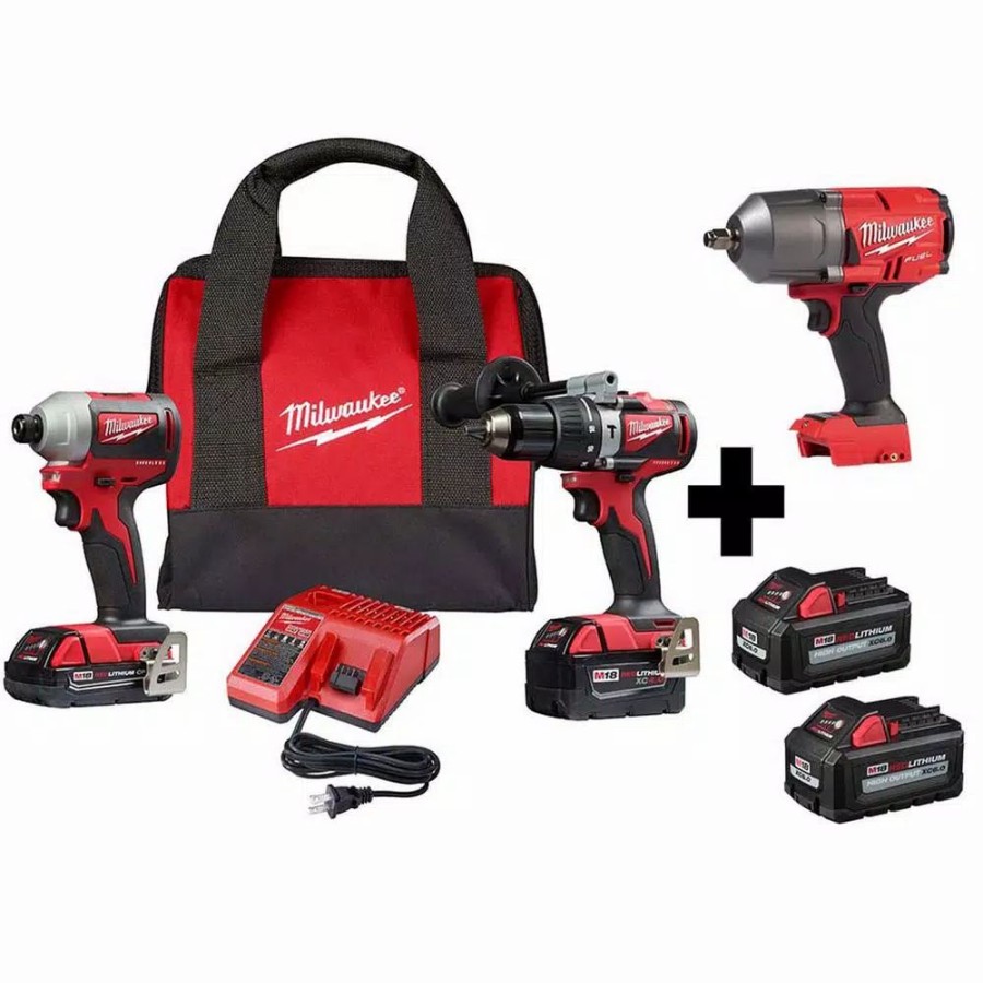 Power Tool Combo Kits * | Power Tool Combo Kits Milwaukee M18 18-Volt Lithium-Ion Brushless Cordless Hammer Drill/Impact/ 1/2 In. Impact Wrench Combo Kit (3-Tool) W/ 4-Batteries