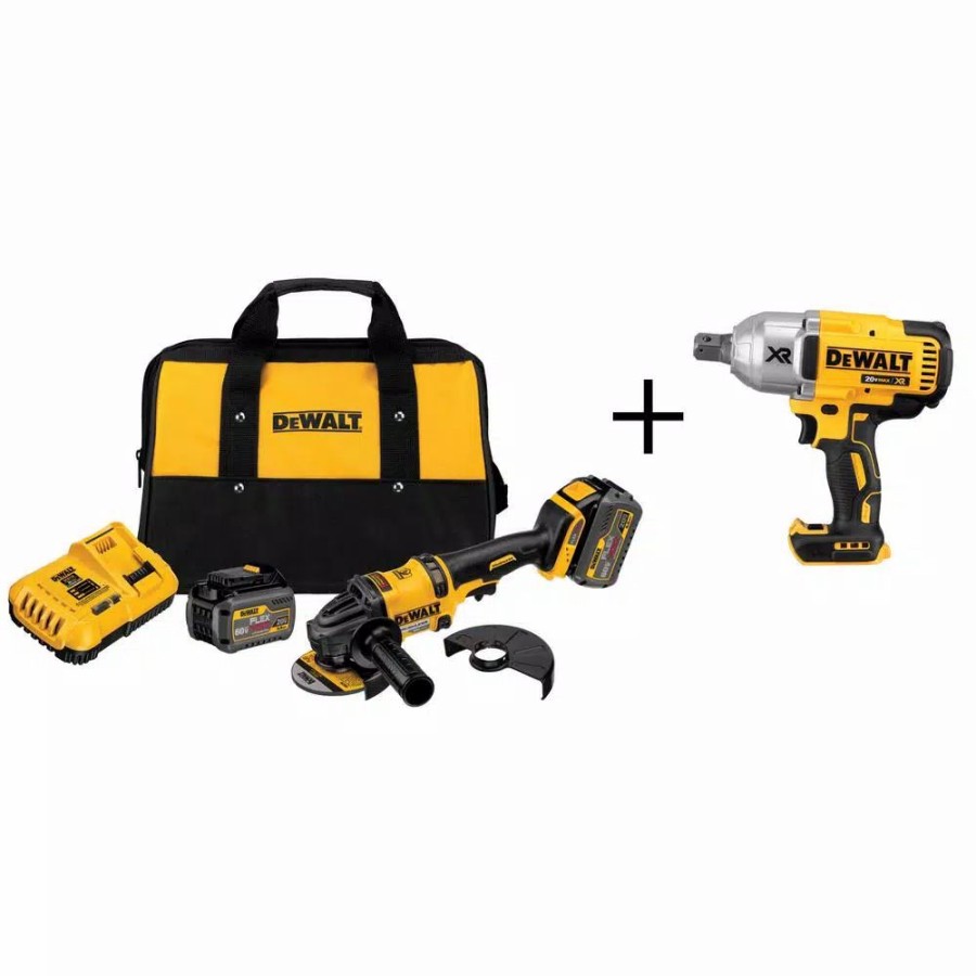 Power Tool Combo Kits * | Power Tool Combo Kits Dewalt Flexvolt 60-Volt Max Cordless Brushless 4-1/2 In. Angle Grinder, (2) Flexvolt 6.0Ah Batteries & 1/2 In. Impact Wrench