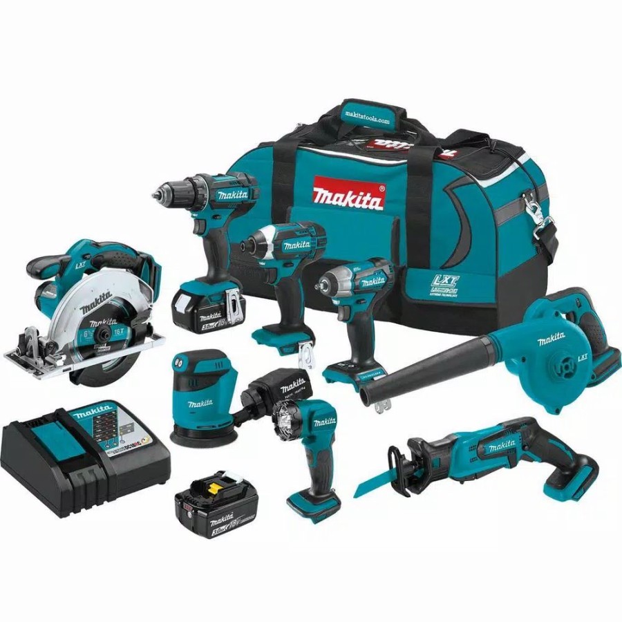 Power Tool Combo Kits * | Power Tool Combo Kits Makita 18-Volt Lxt Lithium-Ion 8-Piece Kit Drill/ Impact Drvr/ Circ Saw/ Recip Saw/ Sander/ Impact Wrench/ Blower/ Light 3. 0Ah