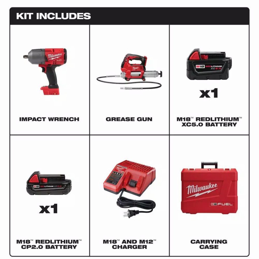 Power Tool Combo Kits * | Power Tool Combo Kits Milwaukee M18 Fuel 18-Volt Lithium-Ion Brushless Cordless 1/2 In. Impact Wrench With Friction Ring Kit With Free M18 Grease Gun