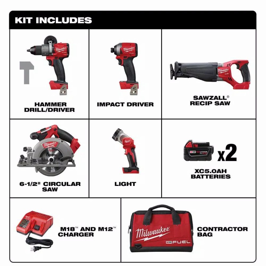 Power Tool Combo Kits * | Power Tool Combo Kits Milwaukee M18 Fuel 18-Volt Lithium-Ion Brushless Cordless Combo Kit (5-Tool) W/ (2) 5.0 Ah Batteries, (1) Charger, (1) Tool Bag