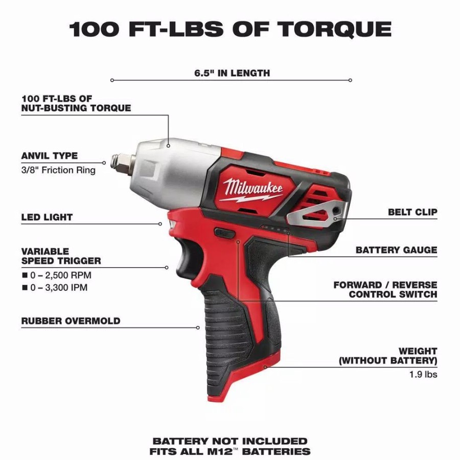 Impact Wrenches * | Impact Wrenches Milwaukee M12 12-Volt Lithium-Ion Cordless 3/8 In. Impact Wrench (Tool-Only)