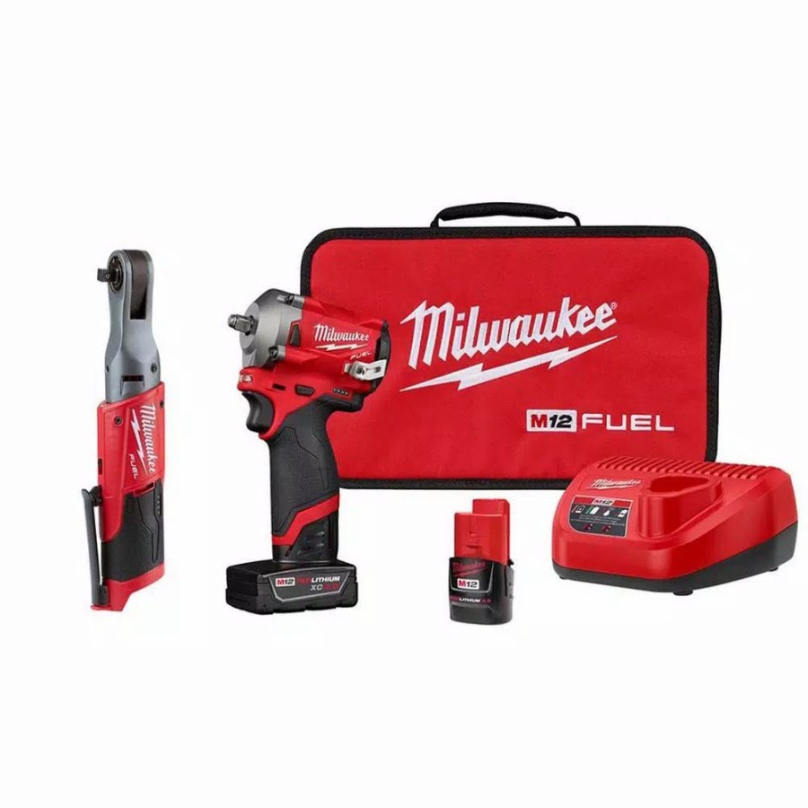 Impact Wrenches * | Impact Wrenches Milwaukee M12 Fuel 12-Volt Lithium-Ion Brushless Cordless Stubby 3/8 In. Impact Wrench & Ratchet Combo Kit (2-Tool)