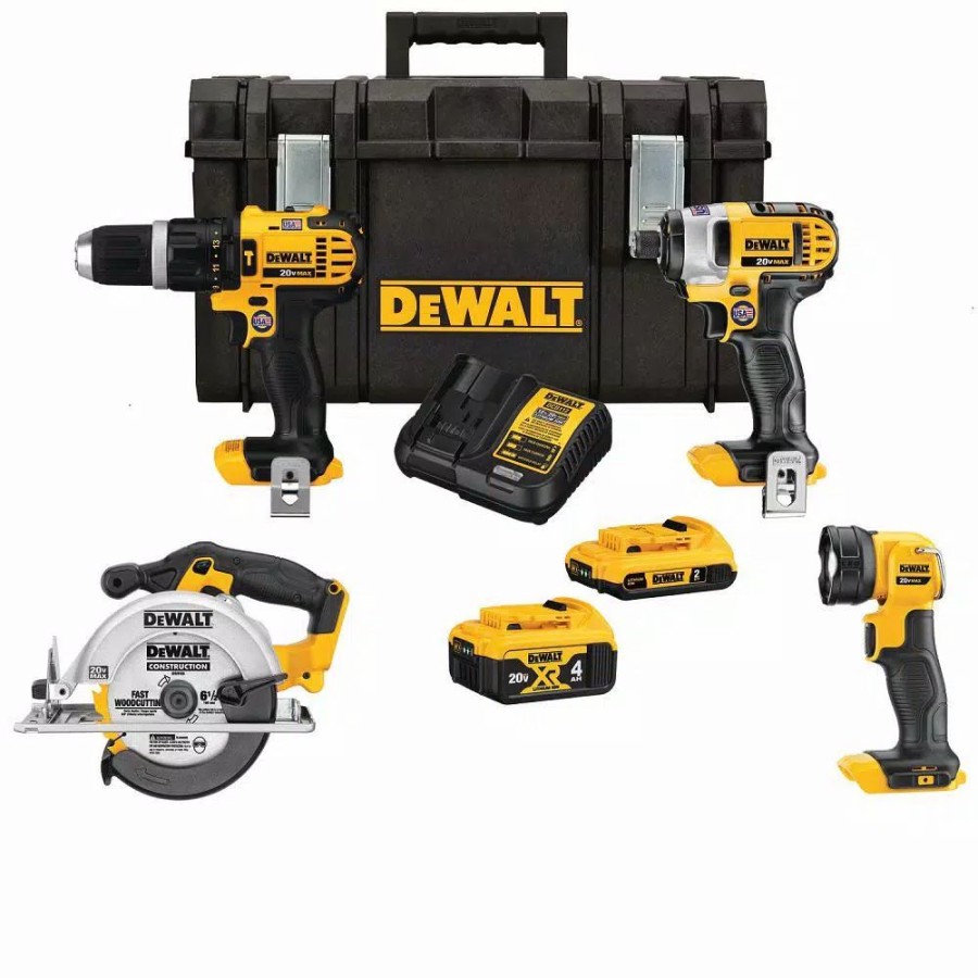 Power Tool Combo Kits * | Power Tool Combo Kits Dewalt 20-Volt Max Lithium-Ion Cordless Combo Kit (4-Tool), 2Ah Battery, 4Ah Battery, Charger, With Tough System Case