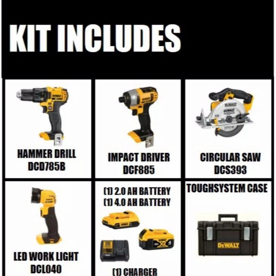 Power Tool Combo Kits * | Power Tool Combo Kits Dewalt 20-Volt Max Lithium-Ion Cordless Combo Kit (4-Tool), 2Ah Battery, 4Ah Battery, Charger, With Tough System Case