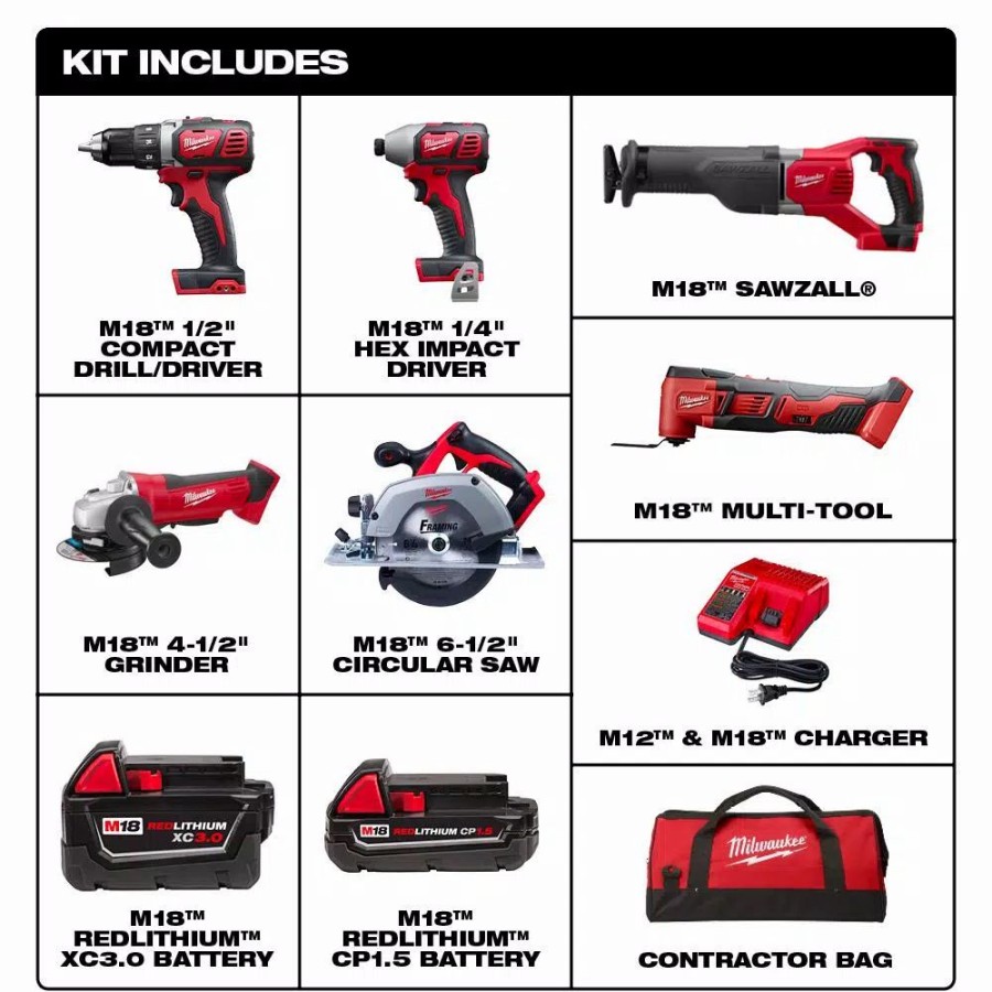 Power Tool Combo Kits * | Power Tool Combo Kits Milwaukee M18 18-Volt Lithium-Ion Cordless Combo Kit (6-Tool) With Two Batteries, Charger And Tool Bag