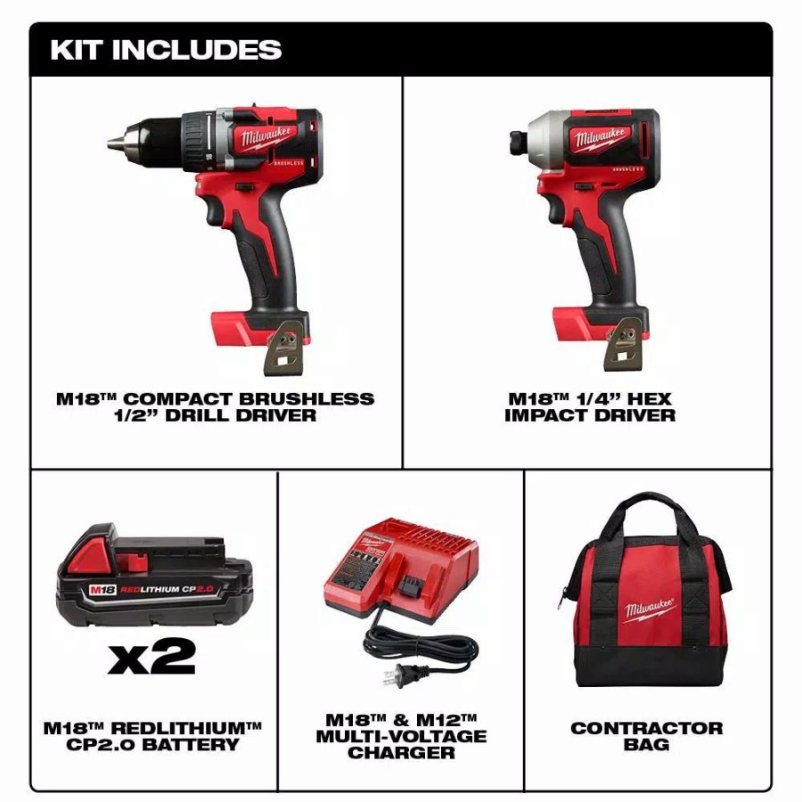 Power Tool Combo Kits * | Power Tool Combo Kits Milwaukee M18 18-Volt Lithium-Ion Brushless Cordless Compact Drill/Impact Combo Kit (2-Tool) W/ (2) 2.0Ah Batteries, Charger & Bag