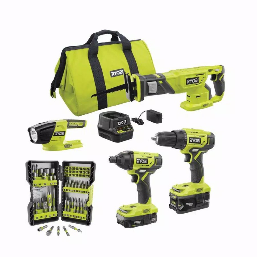 Power Tool Combo Kits * | Power Tool Combo Kits Ryobi 18-Volt One+ Cordless 4-Tool Combo Kit W/ (2) Batteries, Charger & Bag W/ Bonus Impact Rated Driving Kit (70-Piece)