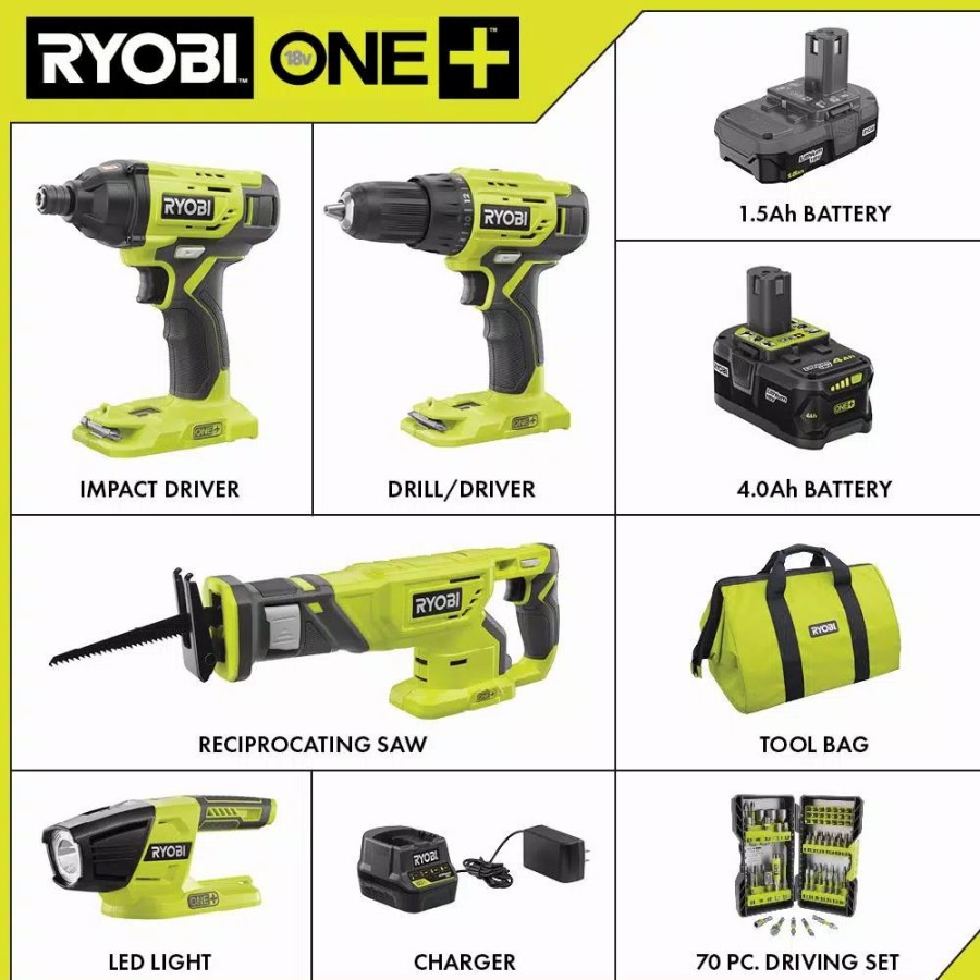 Power Tool Combo Kits * | Power Tool Combo Kits Ryobi 18-Volt One+ Cordless 4-Tool Combo Kit W/ (2) Batteries, Charger & Bag W/ Bonus Impact Rated Driving Kit (70-Piece)