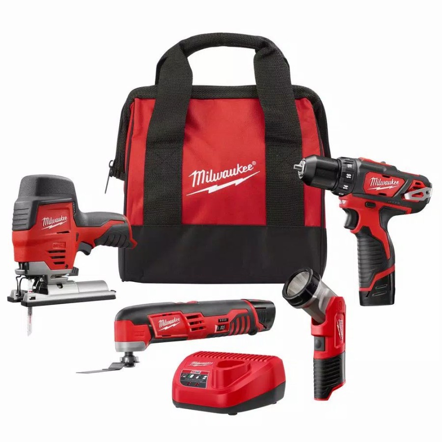 Power Tool Combo Kits * | Power Tool Combo Kits Milwaukee M12 12-Volt Lithium-Ion Cordless Combo Tool Kit (4-Tool) With Two 1.5 Ah Batteries, 1 Charger, 1 Tool Bag