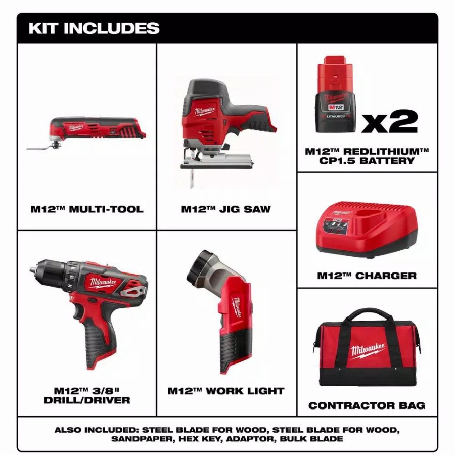 Power Tool Combo Kits * | Power Tool Combo Kits Milwaukee M12 12-Volt Lithium-Ion Cordless Combo Tool Kit (4-Tool) With Two 1.5 Ah Batteries, 1 Charger, 1 Tool Bag