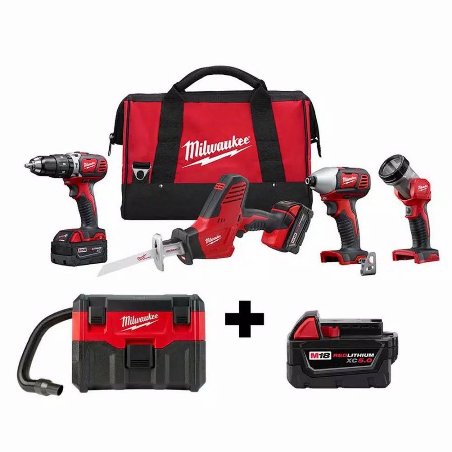 Power Tool Combo Kits * | Power Tool Combo Kits Milwaukee M18 18-Volt Lithium-Ion Cordless Combo Tool Kit (4-Tool) W/ Wet/Dry Vacuum And Additional 5.0Ah Battery