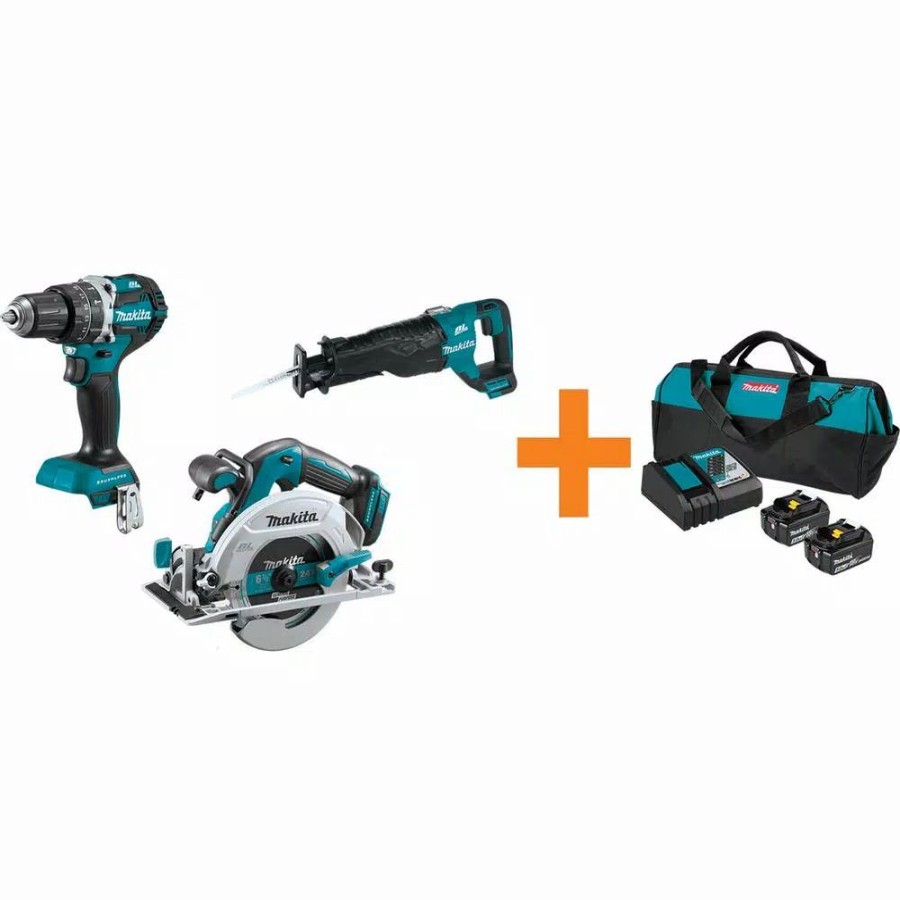 Power Tool Combo Kits * | Power Tool Combo Kits Makita 18V Lxt 1/2 In. Brushless Hammer Driver-Drill, 6-1/2 In. Circ Saw And Recip Saw With Bonus 18V Lxt Starter Pack