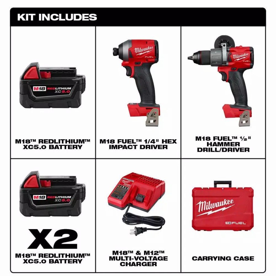 Power Tool Combo Kits * | Power Tool Combo Kits Milwaukee M18 Fuel 18-Volt Lithium-Ion Brushless Cordless Hammer Drill And Impact Driver Combo Kit (2-Tool) W/ Free 5.0Ah Battery