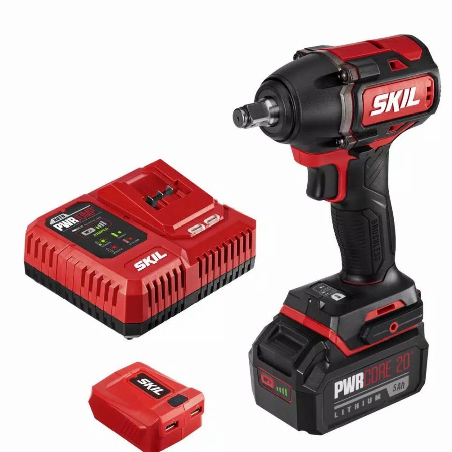 Impact Wrenches * | Impact Wrenches Skil Pwrcore Brushless 20-Volt Cordless 1/2 In. Impact Wrench Kit W/5.0Ah Lithium-Ion Battery, Pwrasst Usb Adapter & Charger