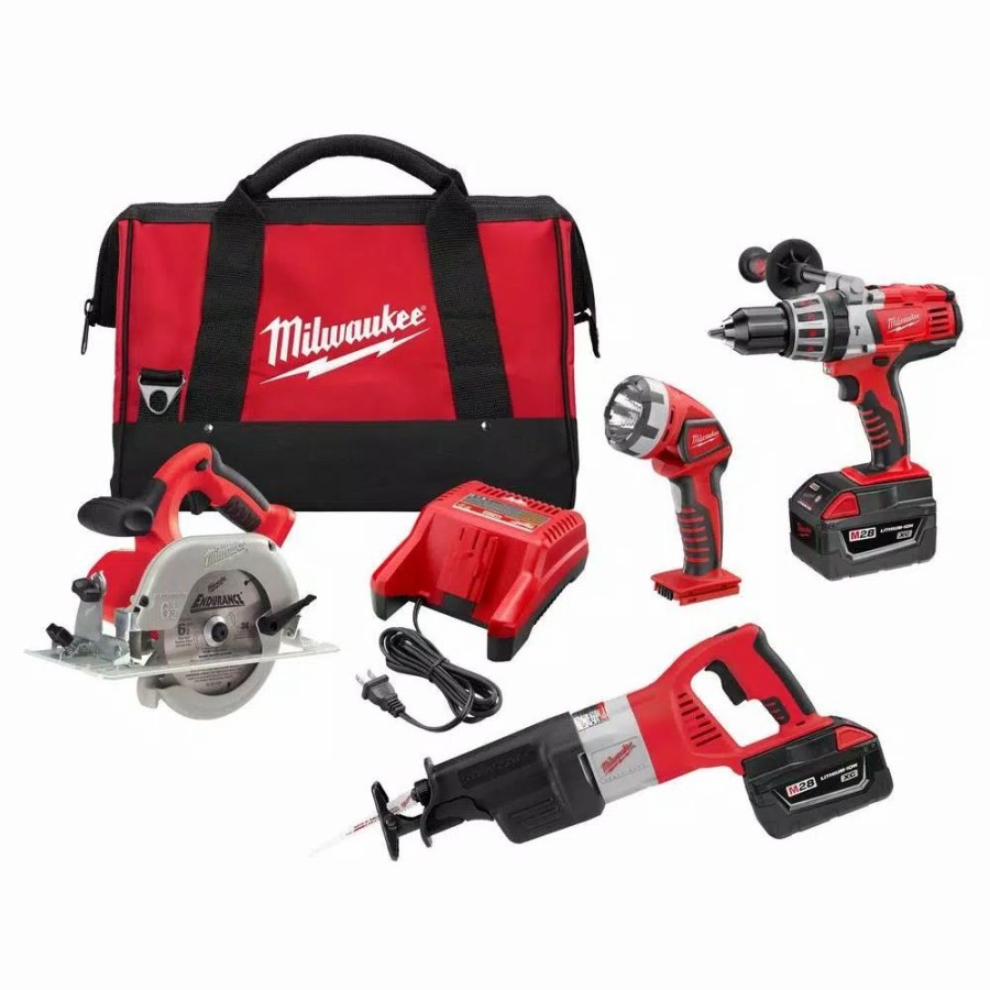 Power Tool Combo Kits * | Power Tool Combo Kits Milwaukee M28 28-Volt Lithium-Ion Cordless Combo Kit (4-Tool) With (2) 3.0Ah Batteries, (1) Charger, (1) Tool Bag