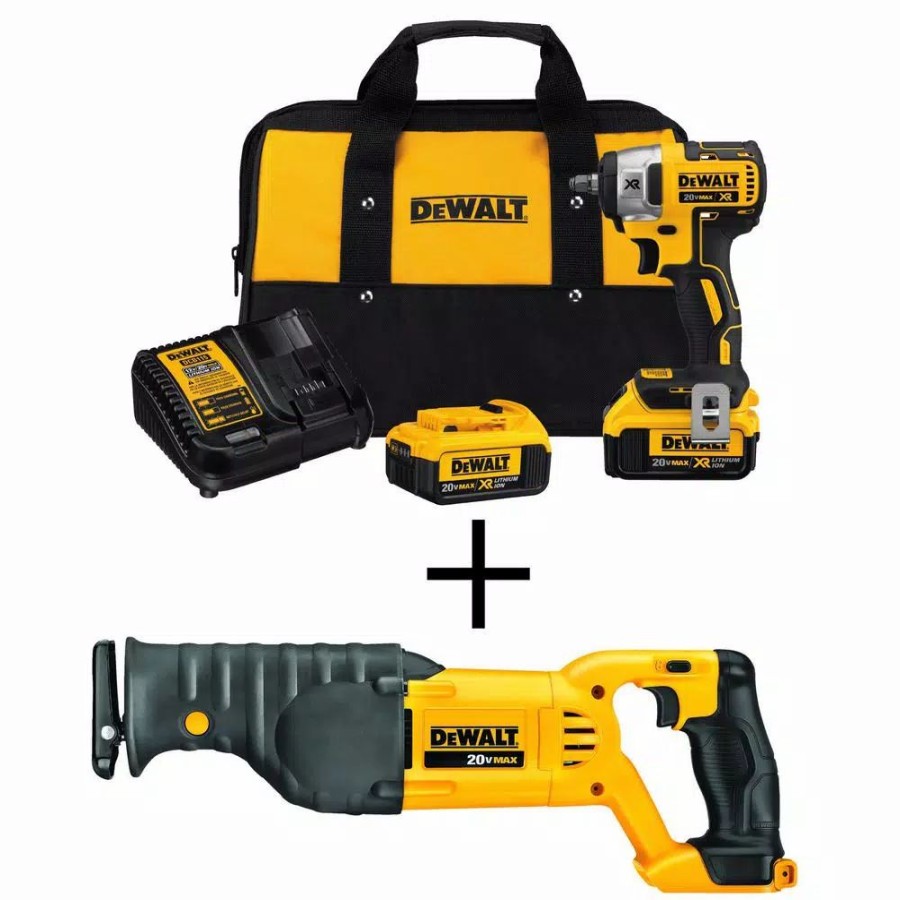 Impact Wrenches * | Impact Wrenches Dewalt 20-Volt Max Xr Cordless Brushless 3/8 In. Compact Impact Wrench, (2) 20-Volt 4.0Ah Batteries & Reciprocating Saw