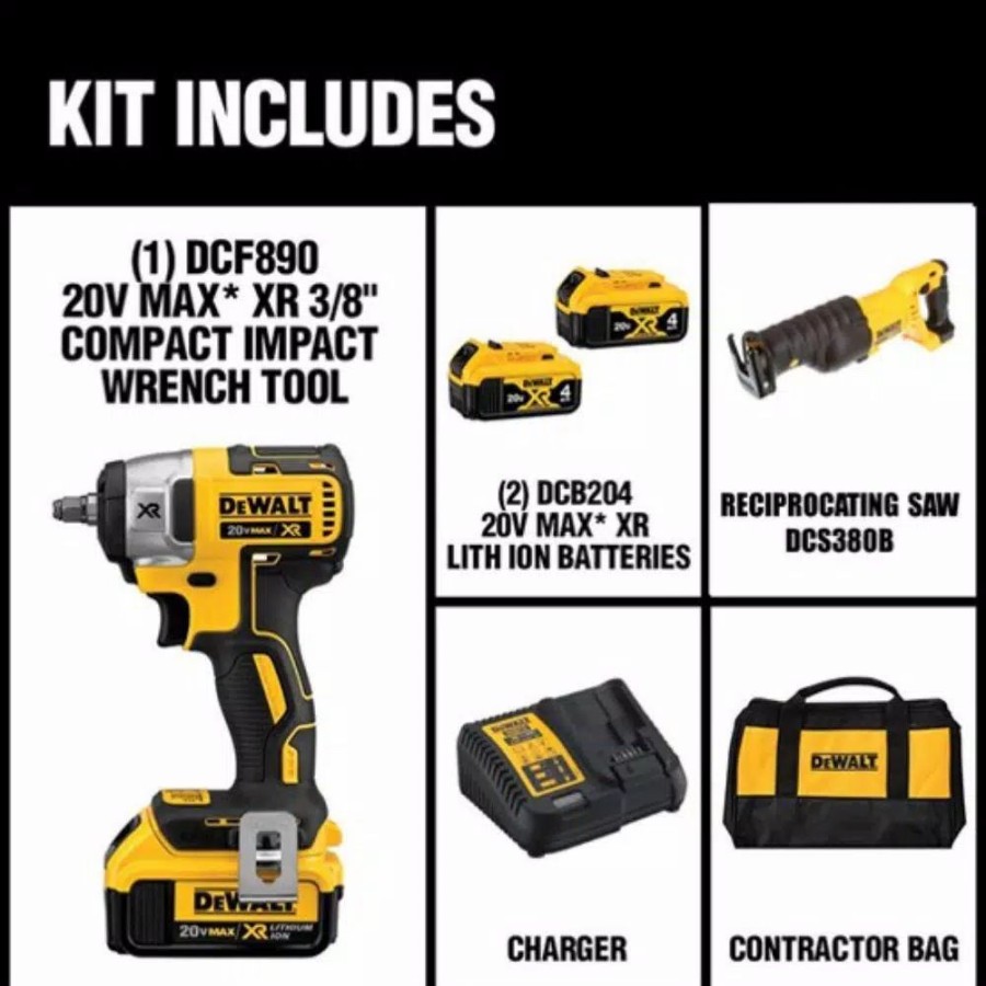 Impact Wrenches * | Impact Wrenches Dewalt 20-Volt Max Xr Cordless Brushless 3/8 In. Compact Impact Wrench, (2) 20-Volt 4.0Ah Batteries & Reciprocating Saw