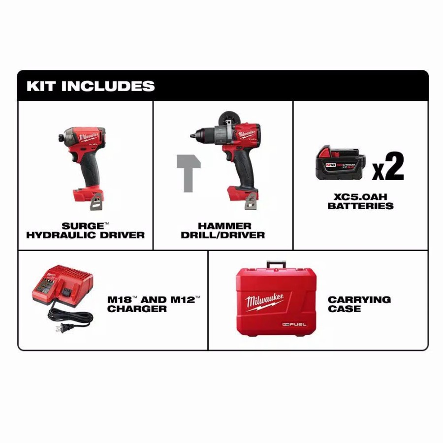 Power Tool Combo Kits * | Power Tool Combo Kits Milwaukee M18 Fuel 18-Volt Lithium-Ion Brushless Cordless Surge Impact And Hammer Drill Combo Kit (2-Tool) W/(2) 5.0Ah Batteries