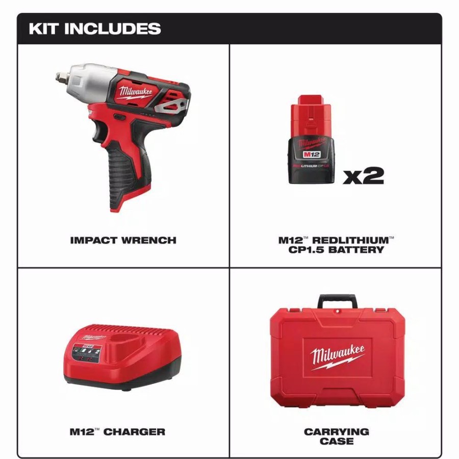 Impact Wrenches * | Impact Wrenches Milwaukee M12 12-Volt Lithium-Ion Cordless 3/8 In. Impact Wrench Kit W/ (2) 1.5Ah Batteries, Charger & Hard Case