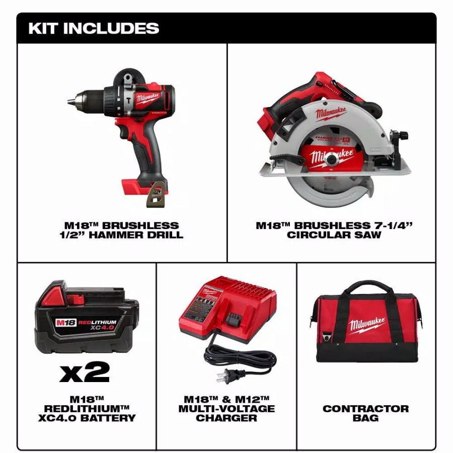 Power Tool Combo Kits * | Power Tool Combo Kits Milwaukee M18 18-Volt Lithium-Ion Brushless Cordless Hammer Drill And Circular Saw Combo Kit (2-Tool) With Two 4.0 Ah Batteries