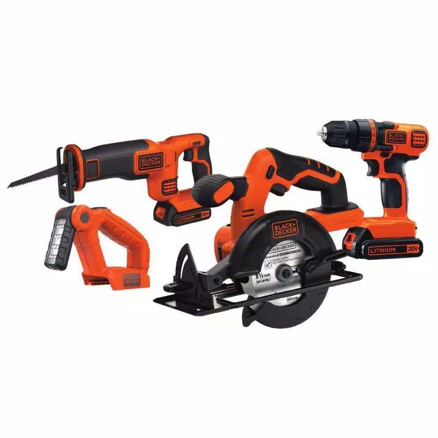 Power Tool Combo Kits * | Power Tool Combo Kits Black+Decker 20-Volt Max Lithium-Ion Cordless Combo Kit (4-Tool) With (2) Batteries 1.5Ah And Charger