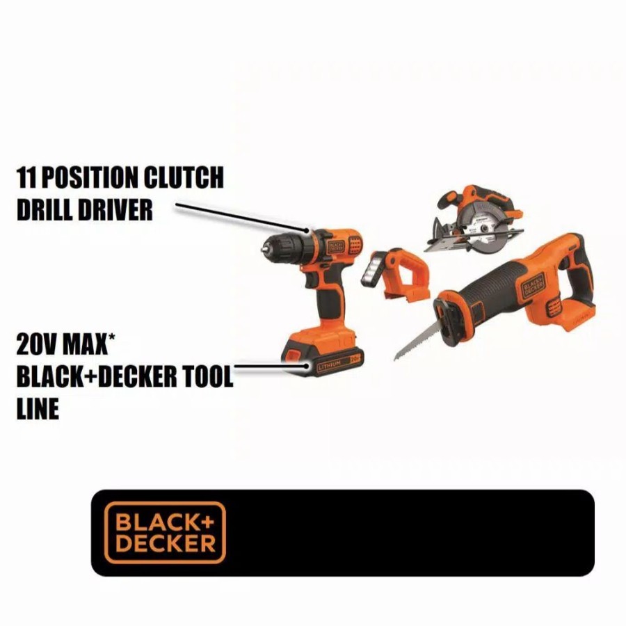 Power Tool Combo Kits * | Power Tool Combo Kits Black+Decker 20-Volt Max Lithium-Ion Cordless Combo Kit (4-Tool) With (2) Batteries 1.5Ah And Charger