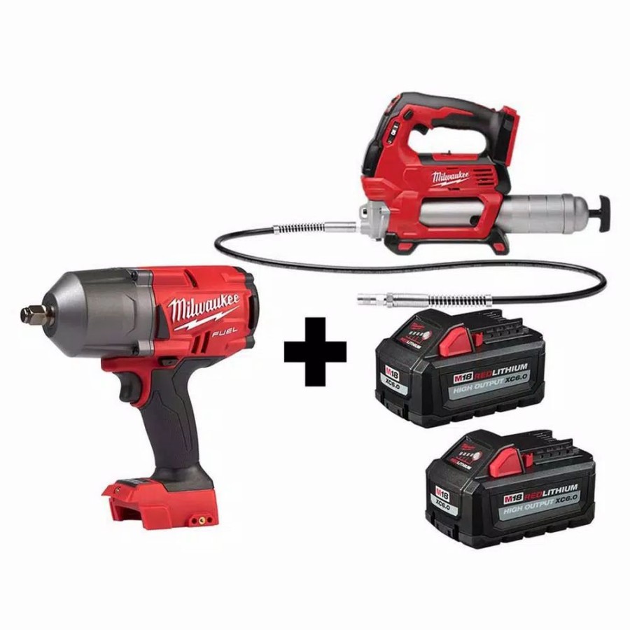 Impact Wrenches * | Impact Wrenches Milwaukee M18 Fuel 18-Volt 1/2 In. Lithium-Ion Brushless Cordless Impact Wrench With Friction Ring & Grease Gun With Two Batteries