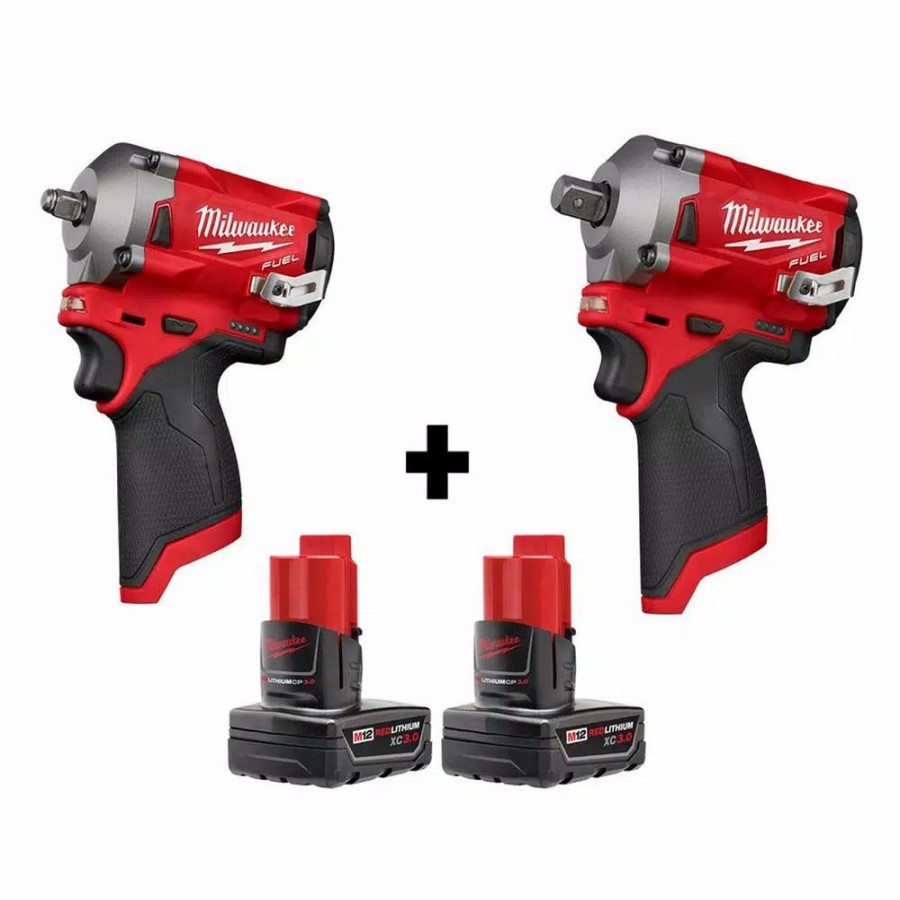 Impact Wrenches * | Milwaukee M12 Fuel 12-Volt Lithium-Ion Brushless Cordless Stubby 3/8 In. And 1/2 In. Impact Wrenches With Two 3.0 Ah Batteries