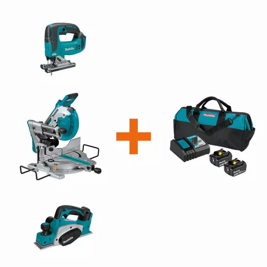 Power Tool Combo Kits * | Power Tool Combo Kits Makita 18V Lxt Brushless Jig Saw, 18V X2 (36V) 10 In. Miter Saw And 18V Lxt 3-1/4 In. Planer With Bonus 18V Lxt Starter Pack