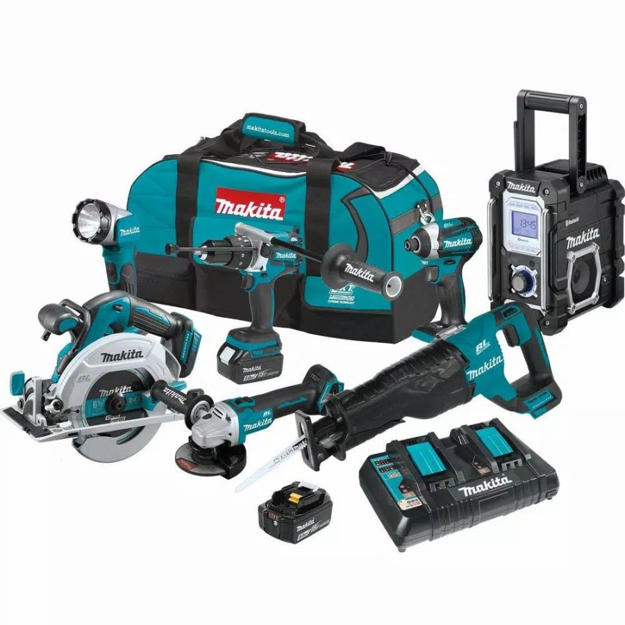 Power Tool Combo Kits * | Power Tool Combo Kits Makita 18-Volt Lxt Brushless 7-Piece Kit Hammer Driver-Drill, Impact Driver, Recipro Saw, Circ Saw, Grinder, Radio, Light 5.0Ah