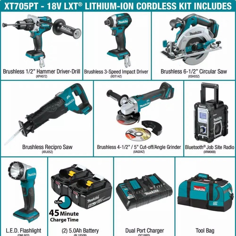 Power Tool Combo Kits * | Power Tool Combo Kits Makita 18-Volt Lxt Brushless 7-Piece Kit Hammer Driver-Drill, Impact Driver, Recipro Saw, Circ Saw, Grinder, Radio, Light 5.0Ah