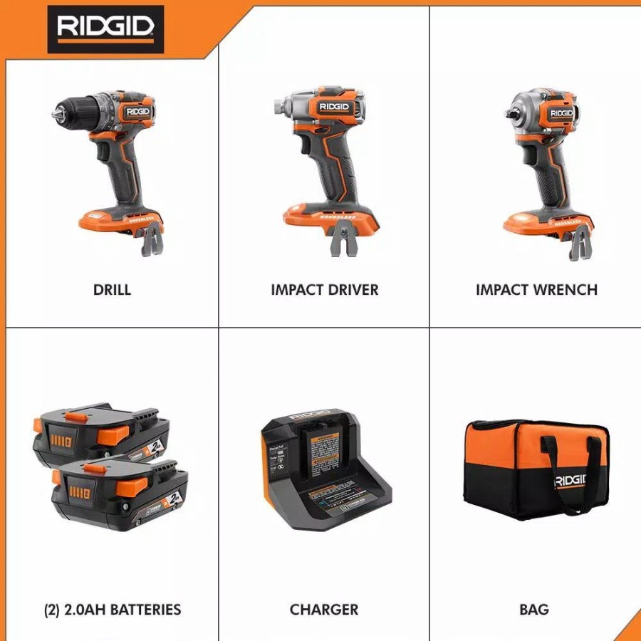 Power Tool Combo Kits * | Power Tool Combo Kits Ridgid 18-Volt Lithium-Ion Brushless Cordless Subcompact Combo Kit (3-Tool) With (2) 2.0 Ah Lithium Battery, Charger And Bag