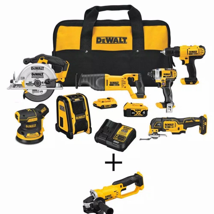 Power Tool Combo Kits * | Power Tool Combo Kits Dewalt 20-Volt Max Cordless Combo Kit (7-Tool) With (1) 20-Volt 4.0Ah Battery, (1) 20-Volt 2.0Ah Battery & 4-1/2 In. Grinder