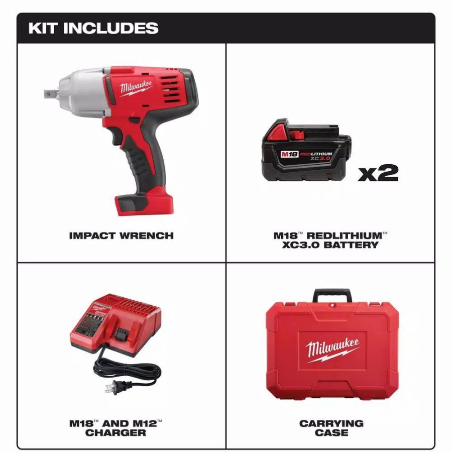 Impact Wrenches * | Impact Wrenches Milwaukee M18 18-Volt Lithium-Ion Cordless 1/2 In. Impact Wrench With Pin Detent Kit With (2) 3.0Ah Batteries, Charger & Hard Case