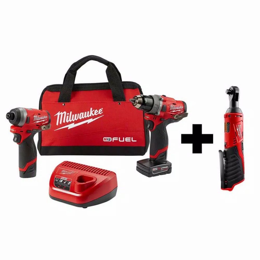 Power Tool Combo Kits * | Power Tool Combo Kits Milwaukee M12 Fuel 12-Volt Li-Ion Brushless Cordless Hammer Drill And Impact Driver Combo Kit (2-Tool)W/ M12 3/8 In. Ratchet