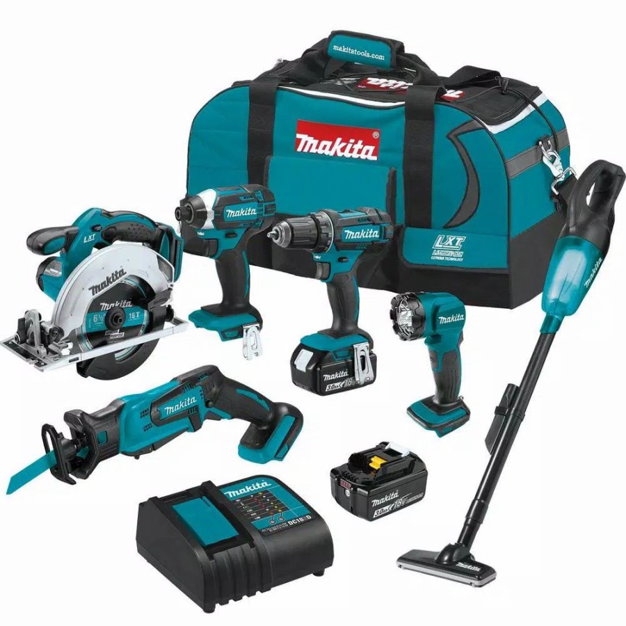 Power Tool Combo Kits * | Power Tool Combo Kits Makita 18-Volt Lithium-Ion Cordless 6-Piece Kit (Drill-Driver/ Impact Driver/ Circular Saw/ Recipro Saw/ Vacuum/ Light) 3.0Ah