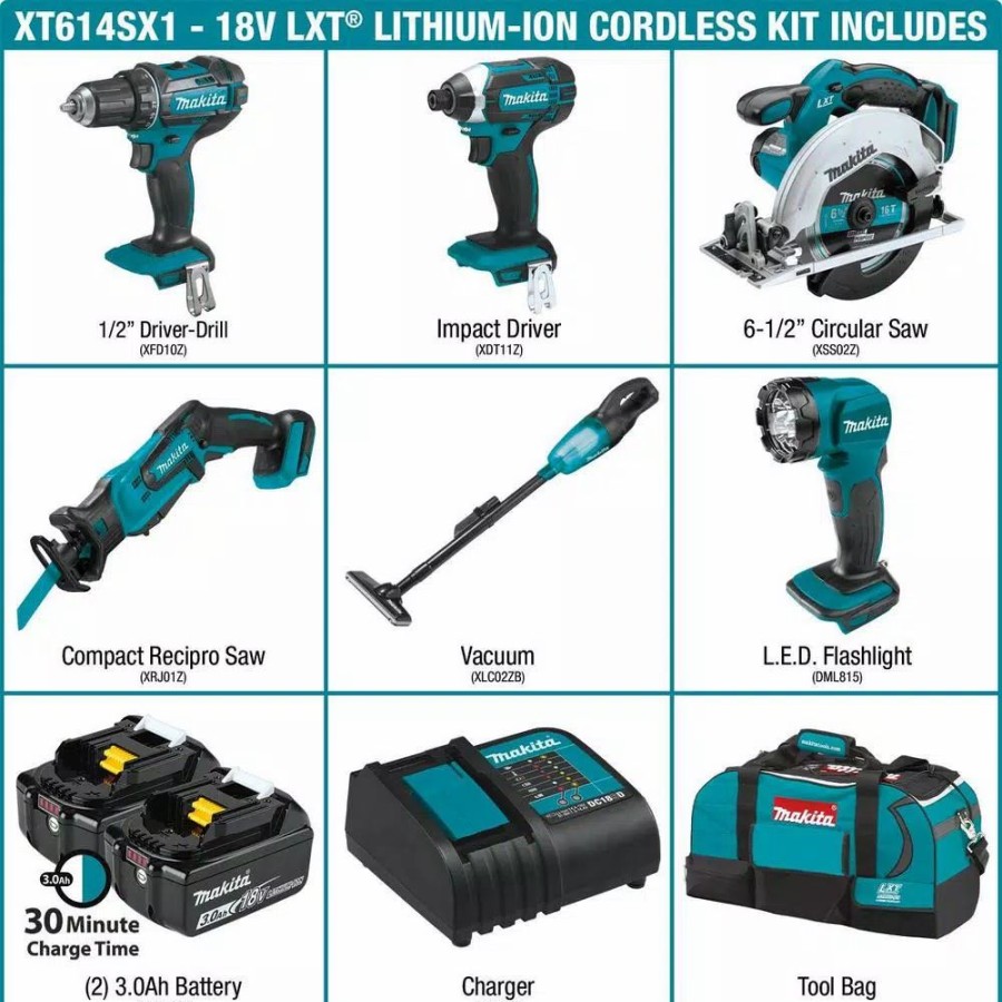 Power Tool Combo Kits * | Power Tool Combo Kits Makita 18-Volt Lithium-Ion Cordless 6-Piece Kit (Drill-Driver/ Impact Driver/ Circular Saw/ Recipro Saw/ Vacuum/ Light) 3.0Ah