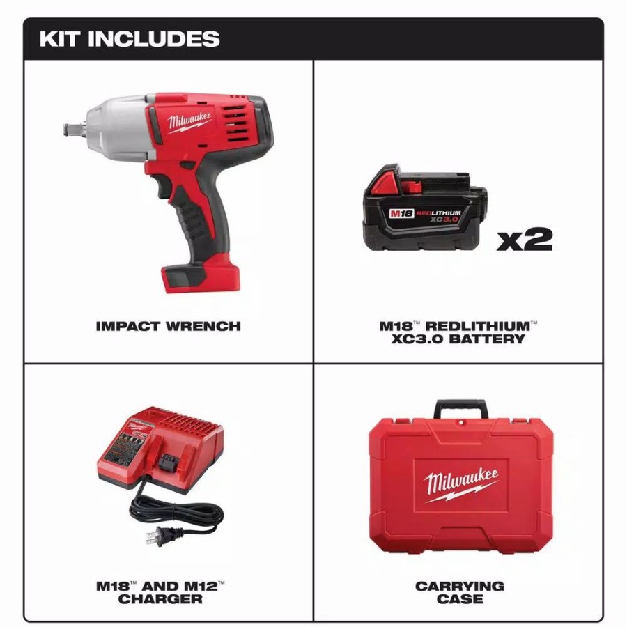 Impact Wrenches * | Impact Wrenches Milwaukee M18 1/2 In. 18-Volt Lithium-Ion Cordless Impact Wrench W/Friction Ring Kit W/(2) 3.0 Ah Batteries Charger And Hard Case