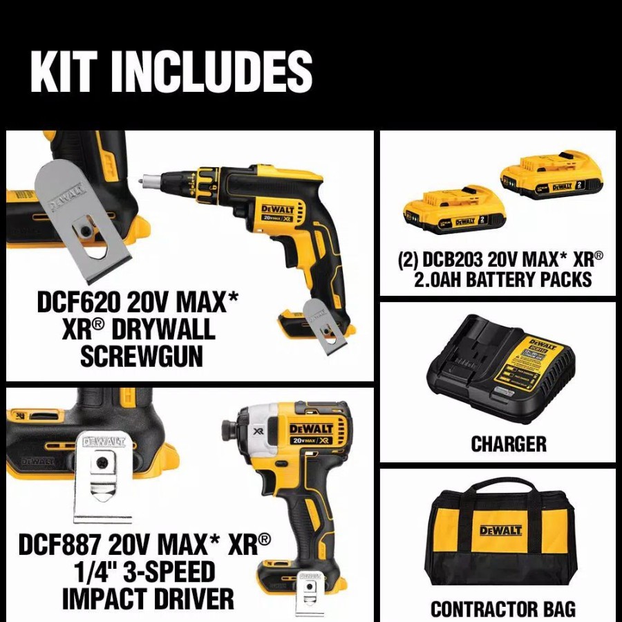 Power Tool Combo Kits * | Power Tool Combo Kits Dewalt 20-Volt Max Xr Cordless Drywall Screw Gun/Impact Driver Combo Kit (2-Tool) With (2) 20-Volt 2.0Ah Batteries & Charger