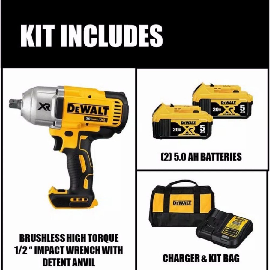 Impact Wrenches * | Impact Wrenches Dewalt 20-Volt Max Xr Cordless Brushless 1/2 In. High Torque Impact Wrench With Detent Pin Anvil, (2) 20-Volt 5.0Ah Batteries