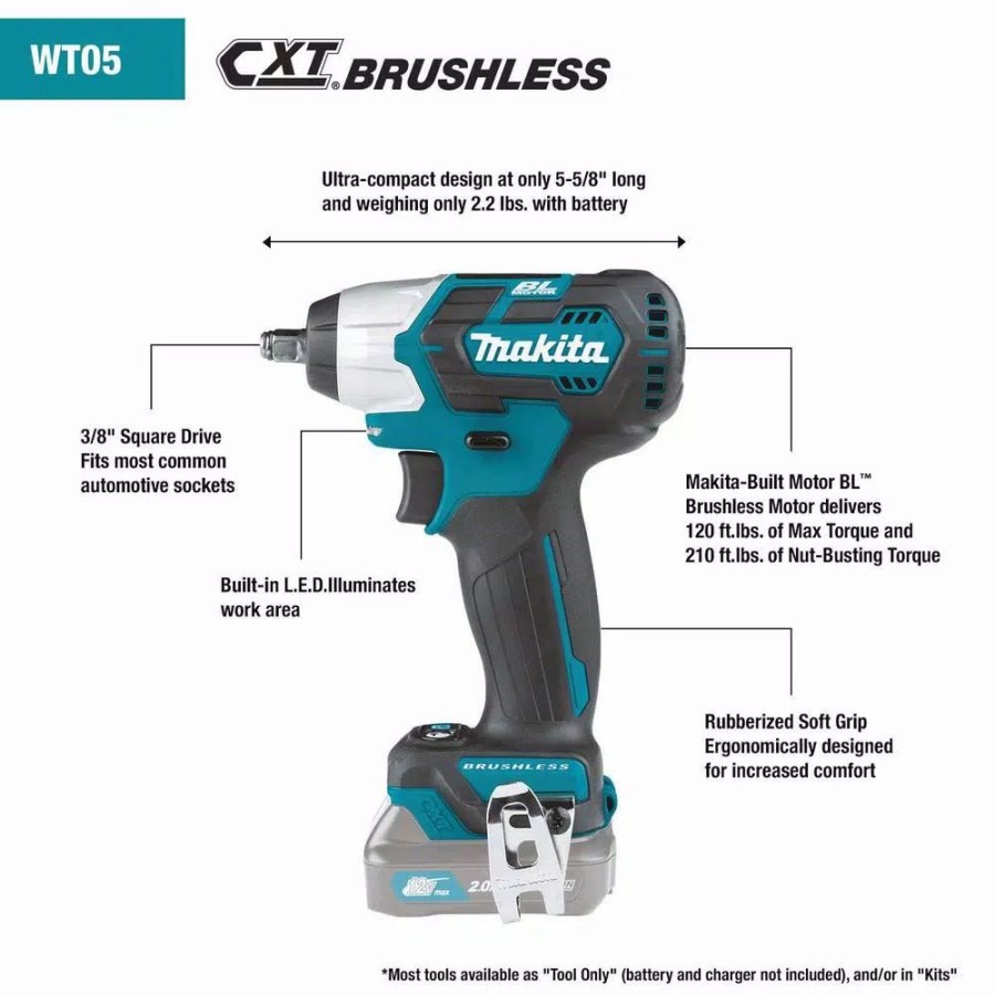 Impact Wrenches * | Impact Wrenches Makita 12-Volt Max Cxt Lithium-Ion Brushless Cordless 3/8 In. Sq. Drive Impact Wrench Kit (2.0 Ah)