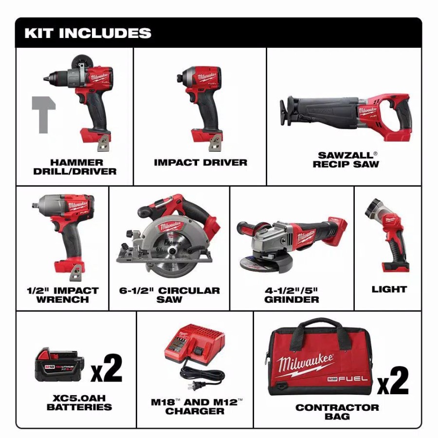 Power Tool Combo Kits * | Power Tool Combo Kits Milwaukee M18 Fuel 18-Volt Lithium-Ion Brushless Cordless Combo Kit (7-Tool) W/ (2) 5.0 Ah Batteries, (1) Charger, (2) Tool Bags