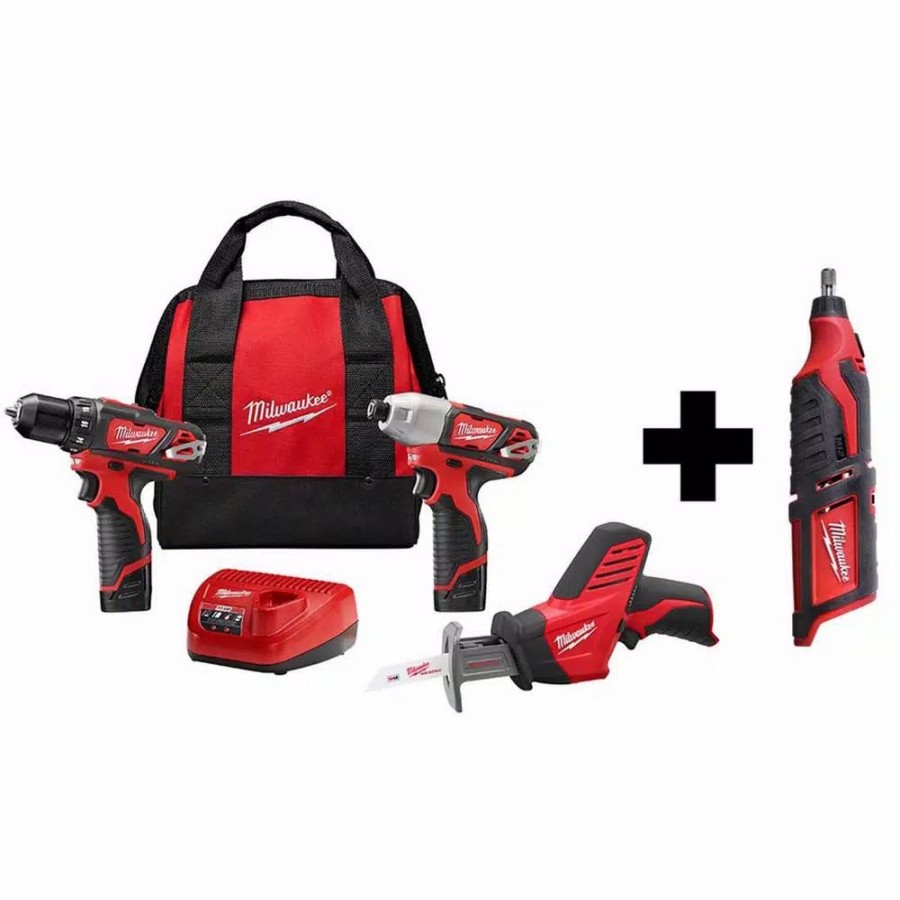 Power Tool Combo Kits * | Power Tool Combo Kits Milwaukee M12 12-Volt Lithium-Ion Cordless Combo Kit (3-Tool) With M12 Rotary Tool